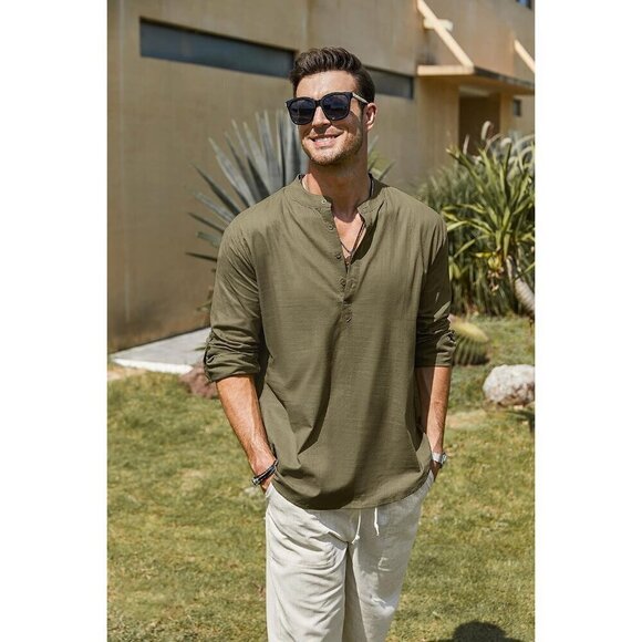 Men's Green Cotton Linen Henley Shirt Long Sleeve Hippie Casual Beach T Shirts - Picture 3 of 9
